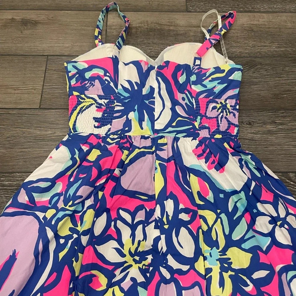 LILLY PULITZER DRESS BRIGHT PINK BLUE FLORAL WOMENS SZ 0 STRAPS RUCHED SUNDRESS - Picture 10 of 10